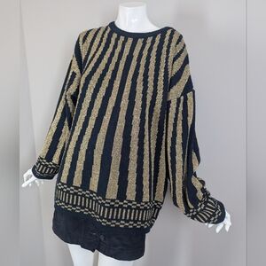 Vintage 80s Metallic Striped Sweater Black Gold Oversized Glam Party Statement